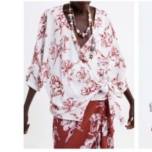 Zara Linen blend Floral  Wrap blouse 3/4 sleeves XS